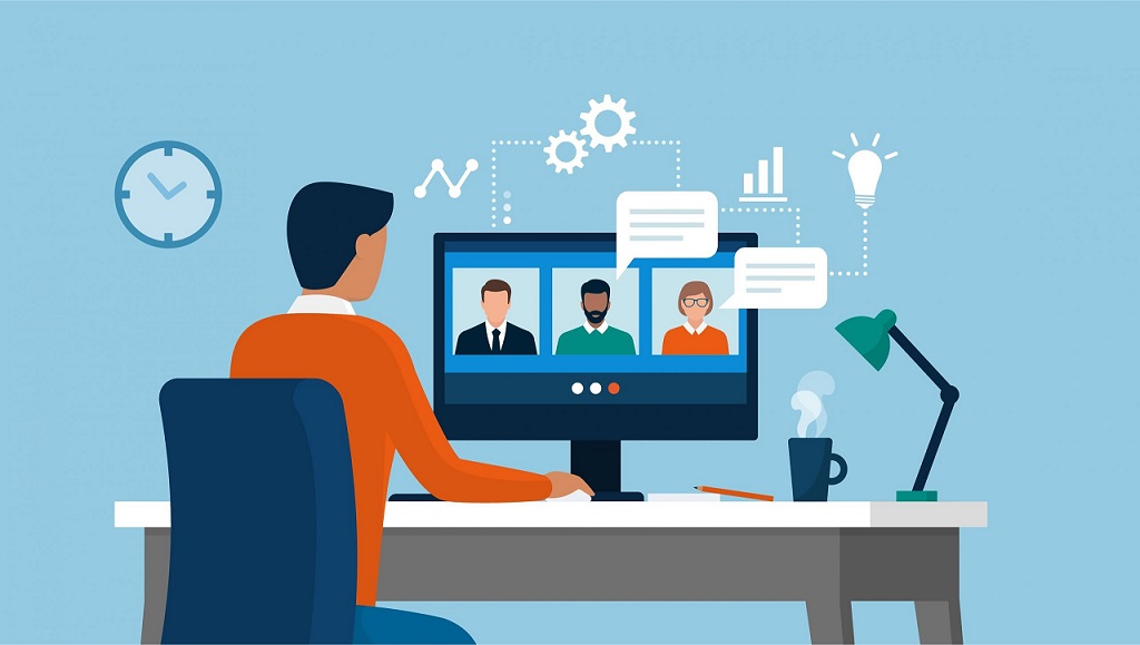 Remote team management with diverse professionals collaborating virtually across different locations and time zones